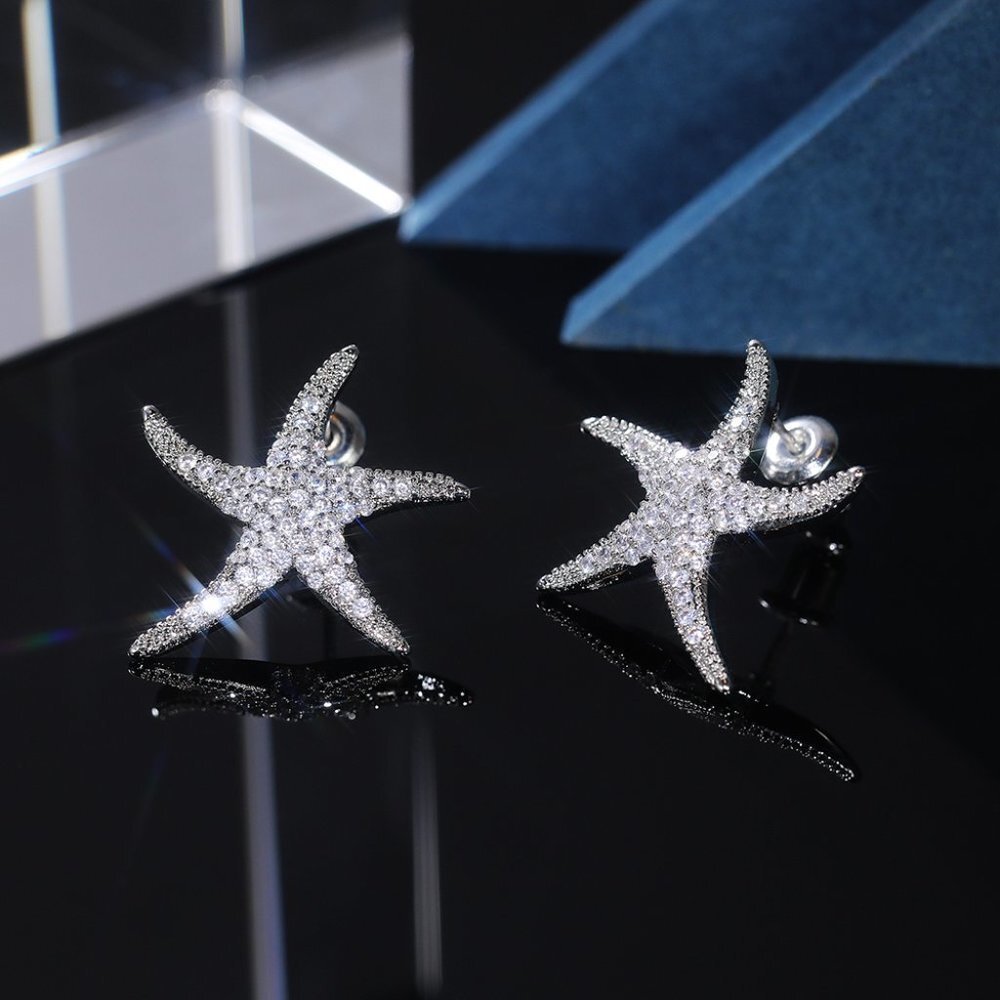 Vivid Starfish Full Zircon Stud Earrings for Women, EVGG1038